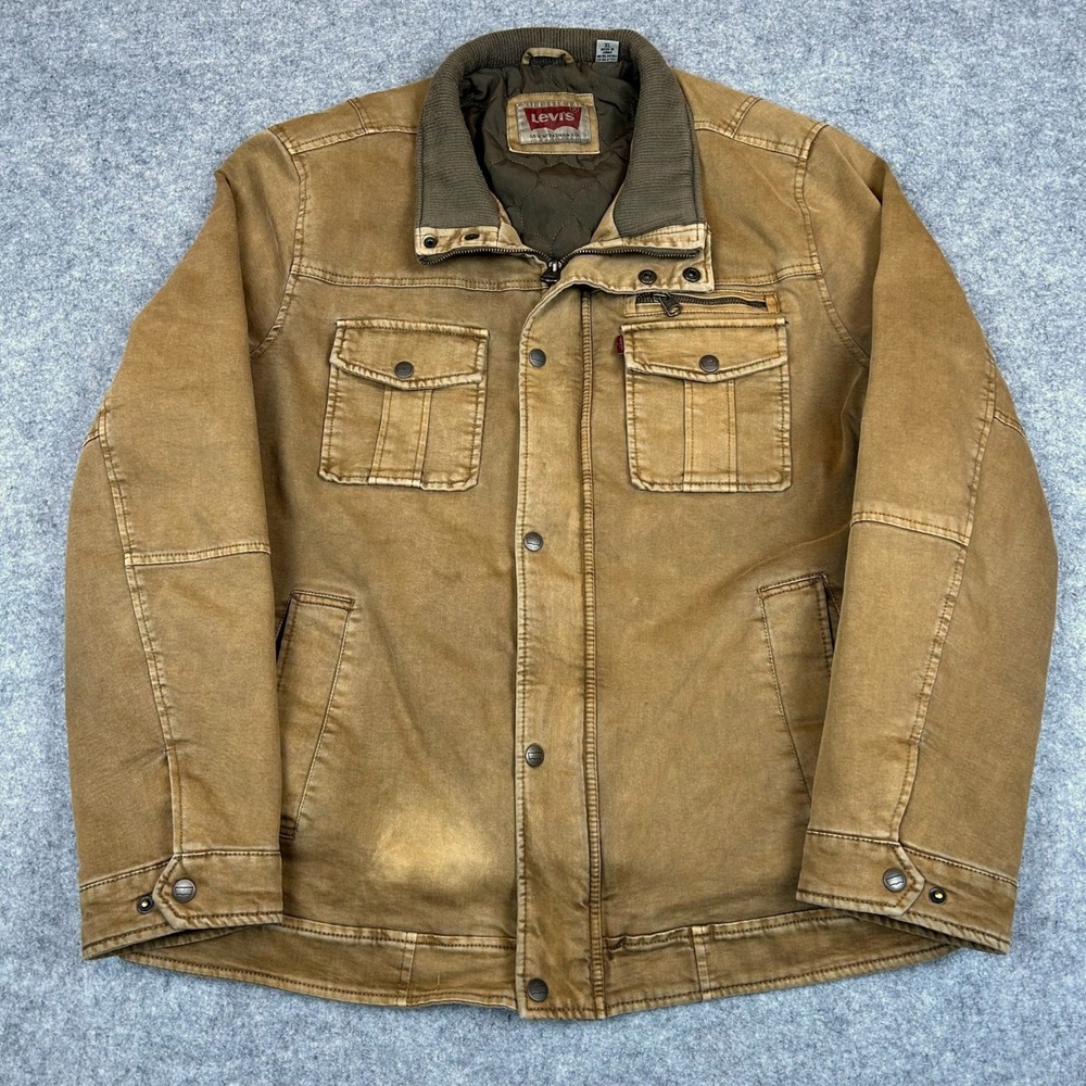 Levis Mens Canvas Workwear Jacket XL Brown Utility Field Coat Ribbed Collar